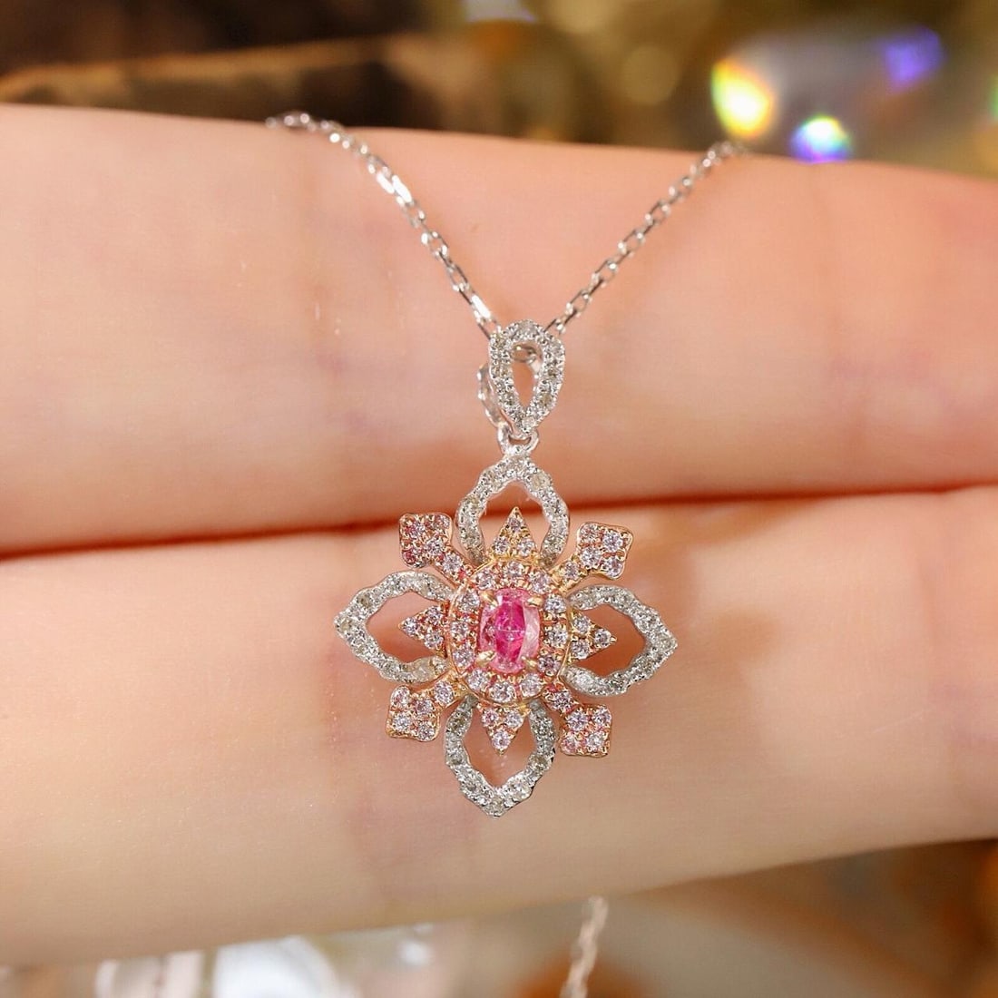 14k Gold 0.40 Ctw Natural Pink Diamond & Diamond Necklace: Ref:231182415 // gold content:14k gold // main gemstone:pink diamond // shape:oval // carat weight:0. 12ct // color:pink // treatment:natural // // adjacent gemstone 2 : diamond // shape:round //