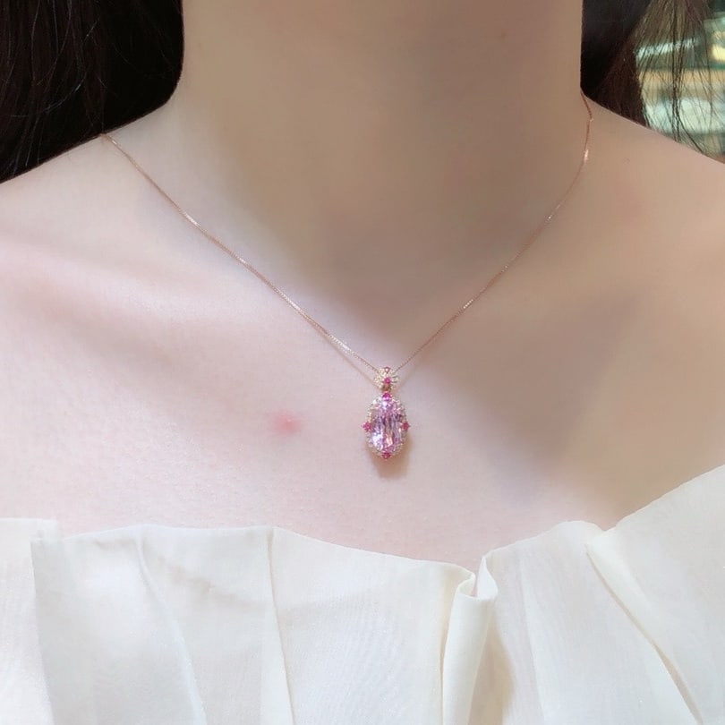 14k Gold 5.3 Ct Natural Kunzite & Diamond Pendant( Without Chain ) - 2