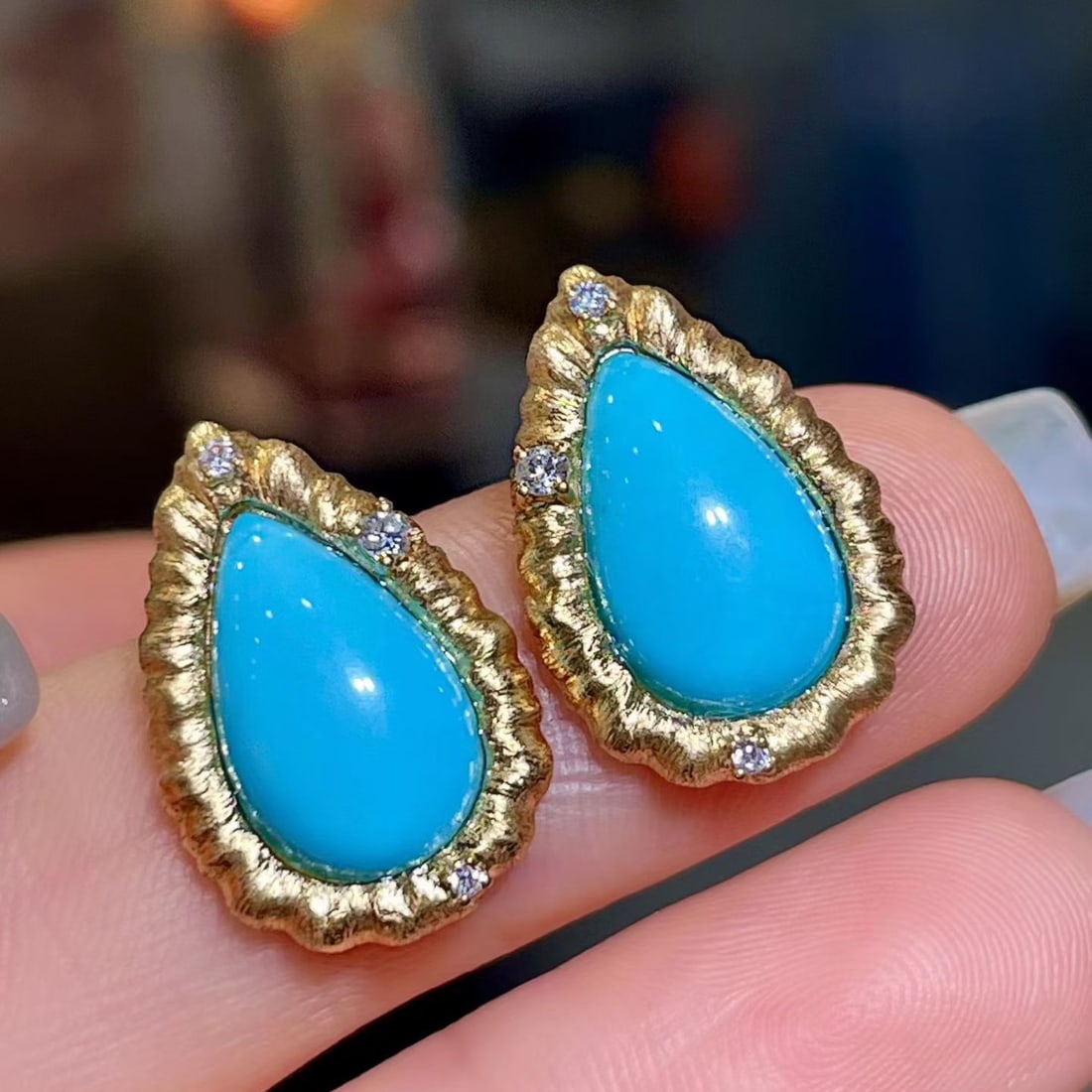 14k Gold 5.10 Ctw Natural Blue Turquoise & Diamond Earrings - 2