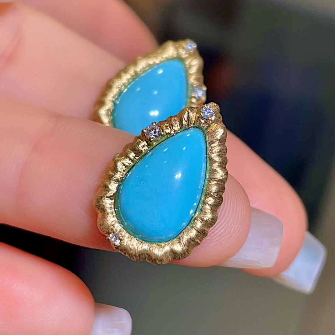 14k Gold 5.10 Ctw Natural Blue Turquoise & Diamond Earrings - 3