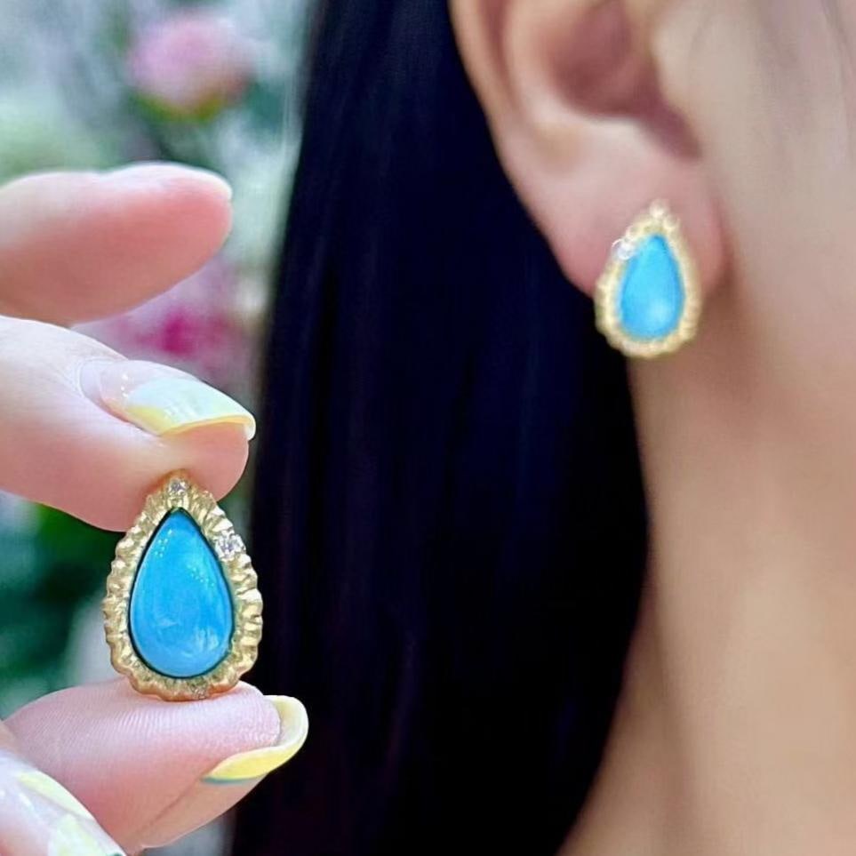 14k Gold 5.10 Ctw Natural Blue Turquoise & Diamond Earrings - 4
