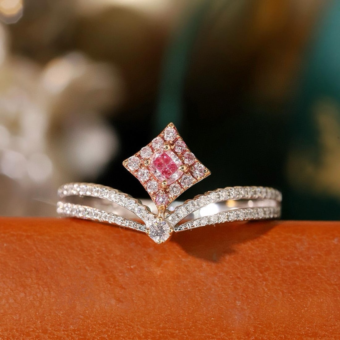 14k Gold 0.40 Ctw Natural Pink Diamond & Diamond Ring: Ref:231183038 // gold content:14k gold // ring size:7. 25us // // main gemstone:pink diamond // shape:cushion // carat weight:0. 15ct // color:pink // treatment:natural // // adjacent gemstone 2 :