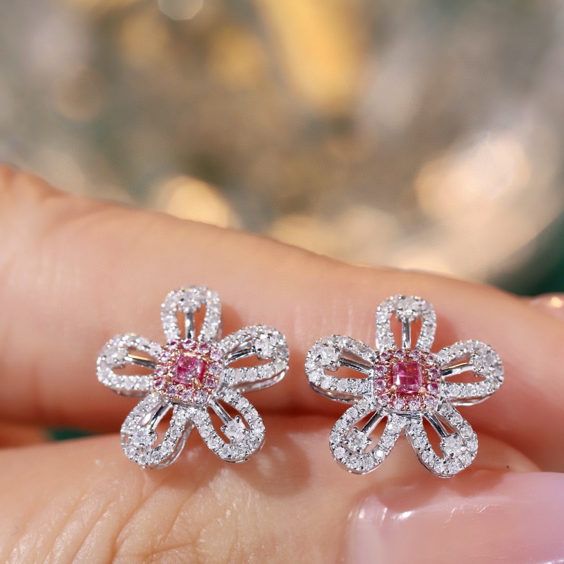 14k Gold 0.56 Ctw Natural Pink Diamond & Diamond & Flowers Earrings - 2