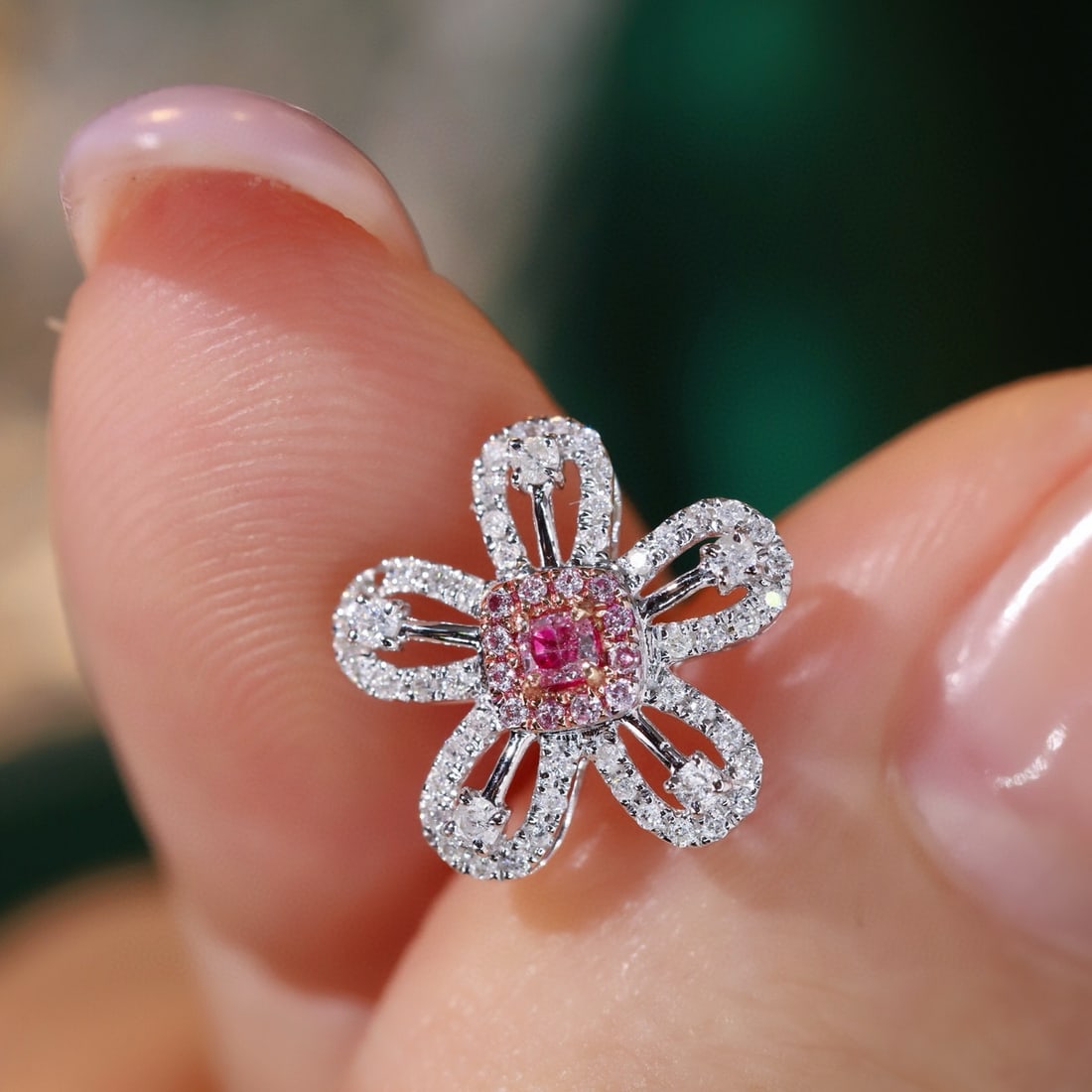 14k Gold 0.56 Ctw Natural Pink Diamond & Diamond & Flowers Earrings - 3