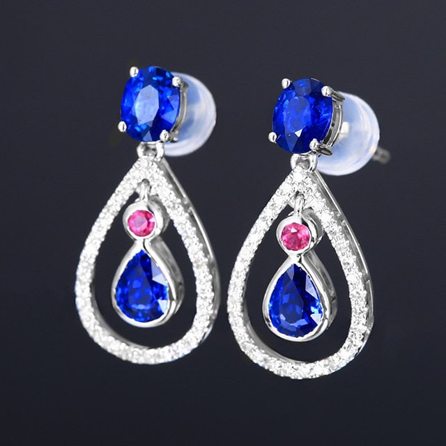 14k Gold 1.71 Ctw Natural Sapphire & Diamond Earrings - 2