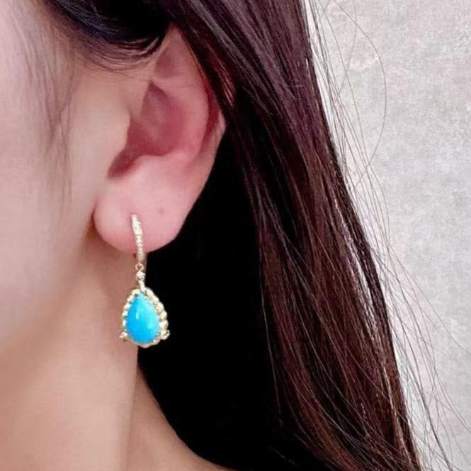 14k Gold 5.63 Ctw Natural Blue Turquoise & Diamond Earrings - 4