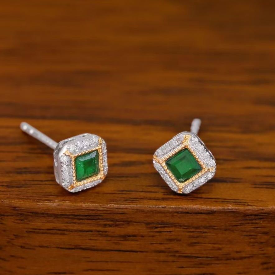 14k Gold 0.32 Ct Natural Emerald & Diamond Earrings: Ref:231183088 // gold content:14k gold // main gemstone:emerald & diamond // shape:square & round // carat weight:0. 32ct // color:green & white // treatment:natural // Condition: New Low Estimate: