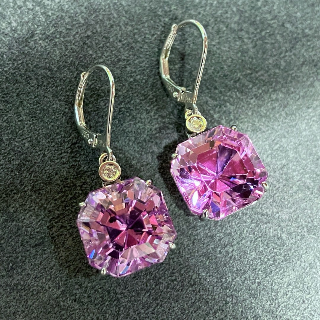 14k Gold 20.5 Ct Natural Kunzite & Diamond Earrings - 8