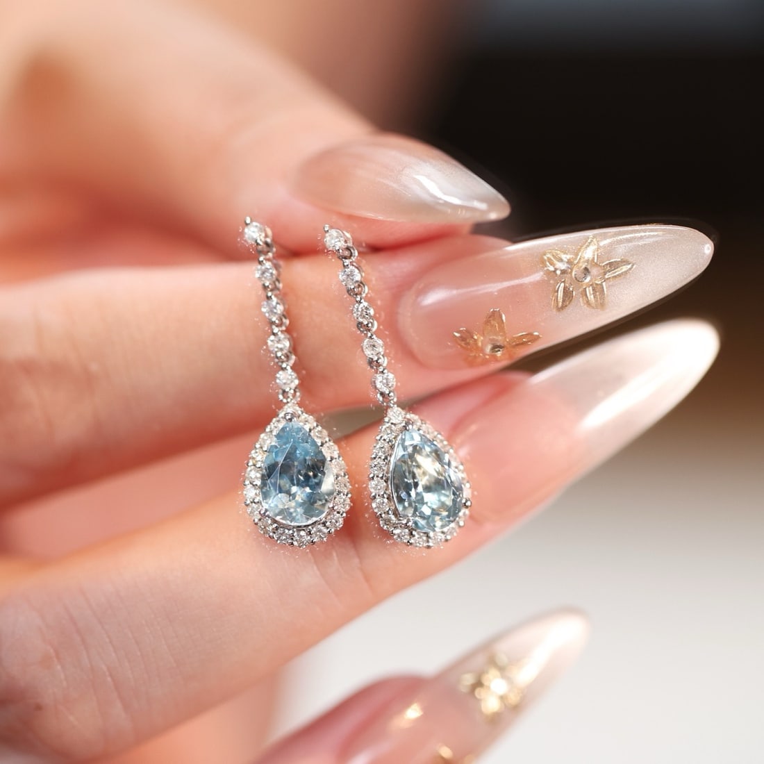14k Gold 2.08 Ct Natural Aquamarine & Diamond Earrings - 2