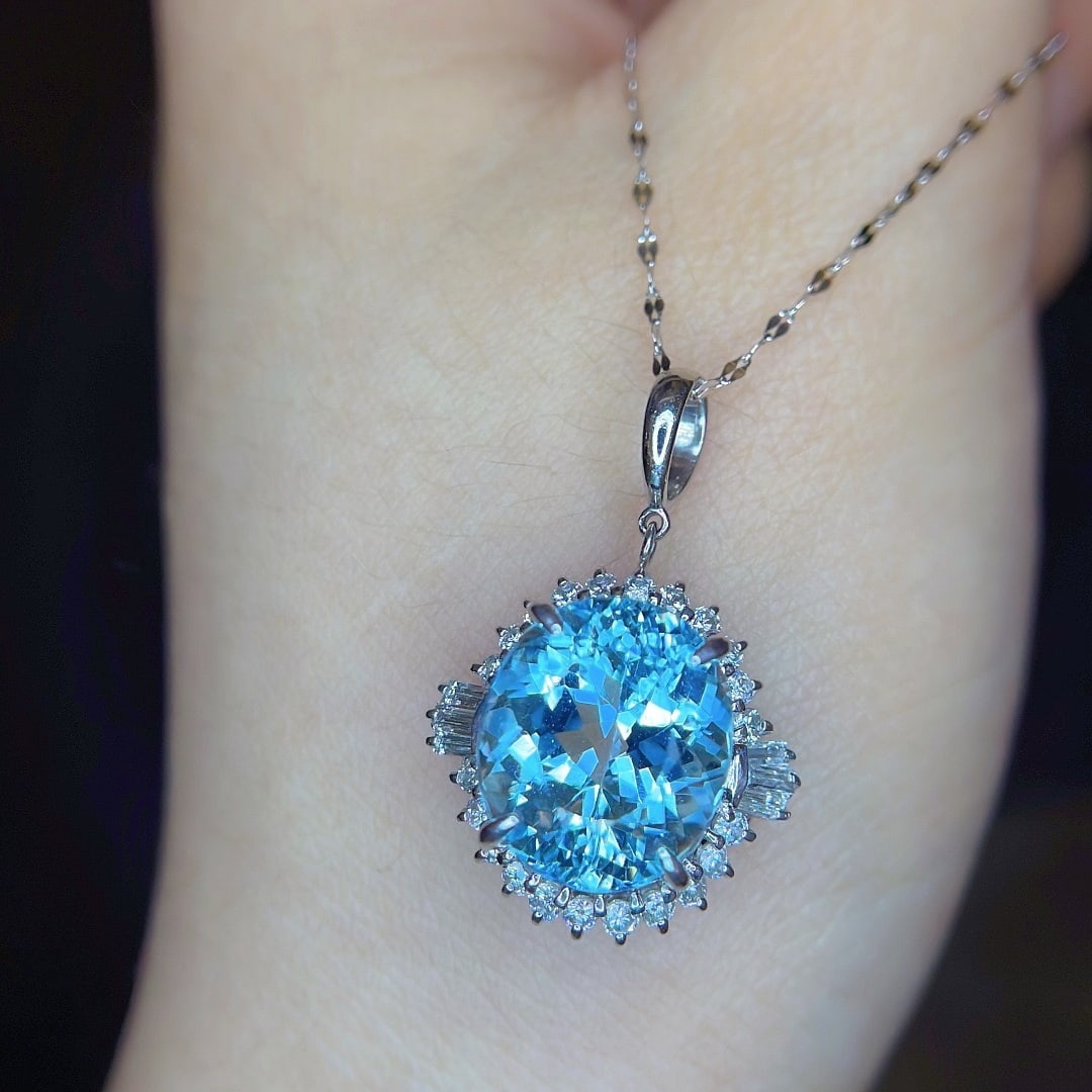 14k Gold 8.22 Ctw Natural Aquamarine & Diamond Pendant( Without Chain ) - 3
