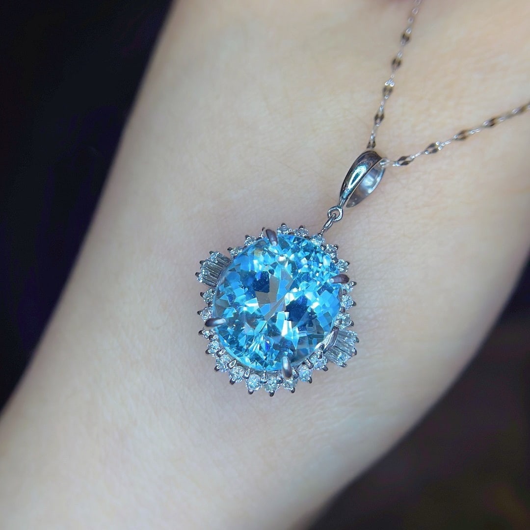 14k Gold 8.22 Ctw Natural Aquamarine & Diamond Pendant( Without Chain ) - 5