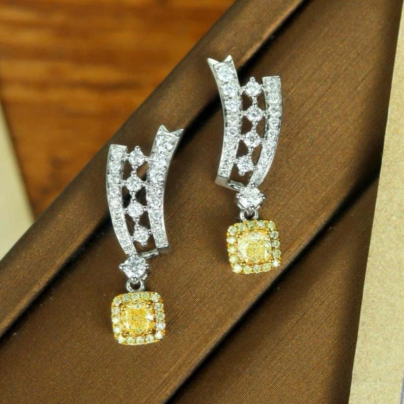 14k Gold 1.02 Ctw Natural Yellow Diamond & Diamond Earrings: Ref:231183124 // gold content:14k gold // main gemstone:yellow diamond // shape:cushion // carat weight:0. 42ct // color:yellow // treatment:natural // // adjacent gemstone 2 : diamond // shape:round