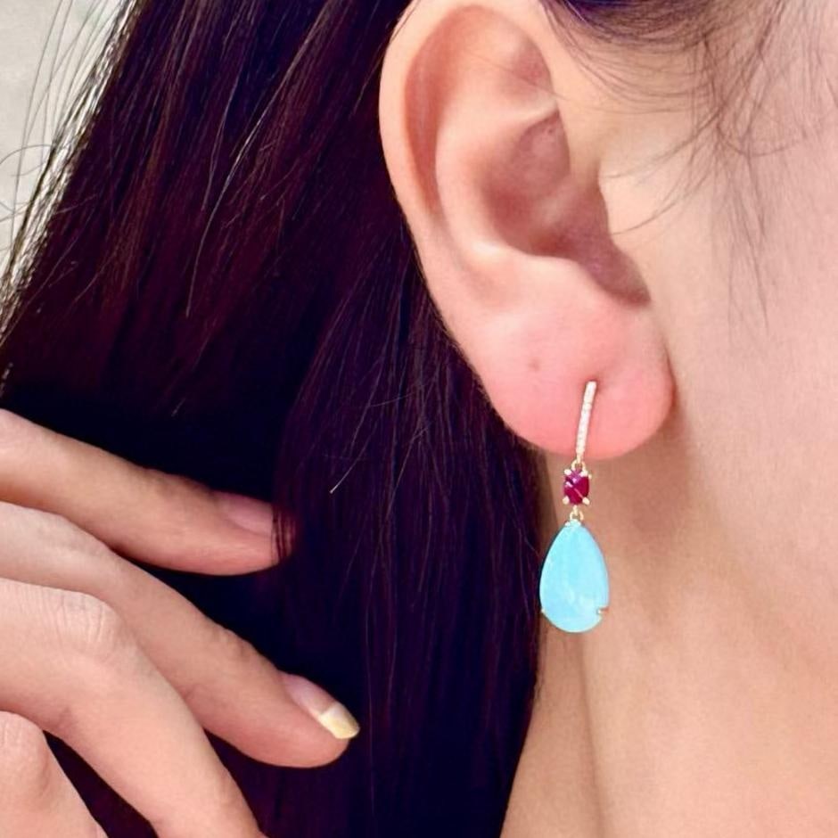 14k Gold 5.41 Ctw Natural Blue Turquoise & Ruby Earrings - 4