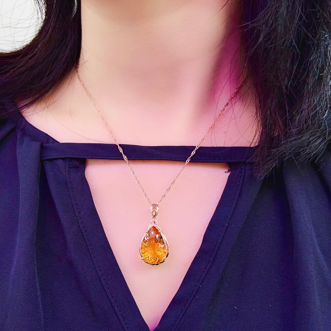14k Gold 9.22 Ctw Natural Citrine & Diamond Pendant( Without Chain ) - 5