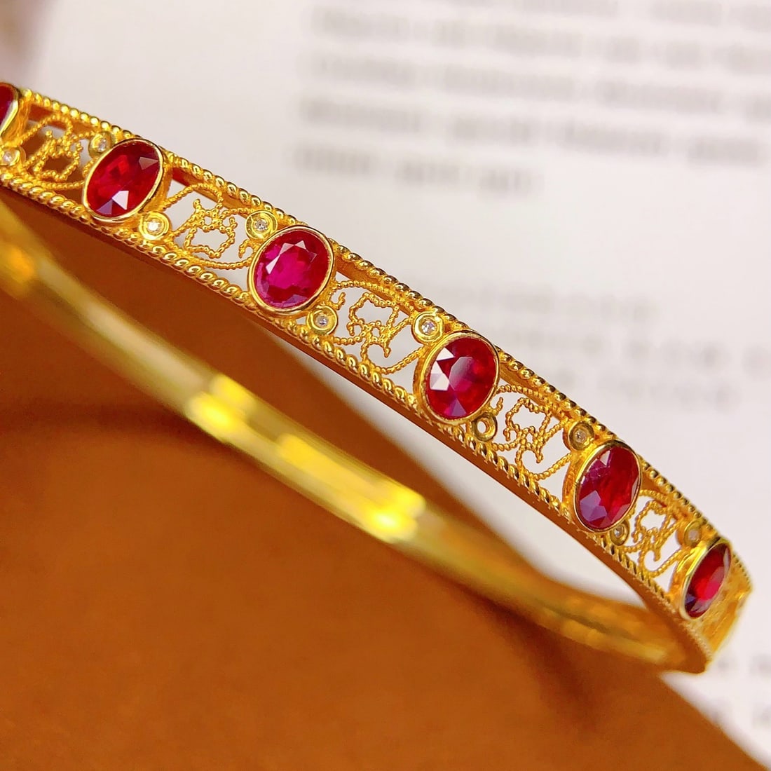 14k Gold 3 Ct Natural Ruby & Diamond Bangle - 5