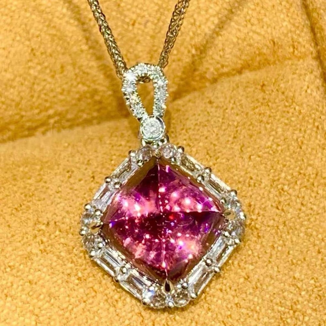 14k Gold 3 Ct Natural Tourmaline & Diamond & Sapphire Pendant( Without Chain ): Ref:231183204 // gold content:14k gold // main gemstone:tourmaline // shape:sugar-loaf // carat weight:3ct // color:red // treatment:natural // // adjacent gemstone 2 : diamond // shape:round //