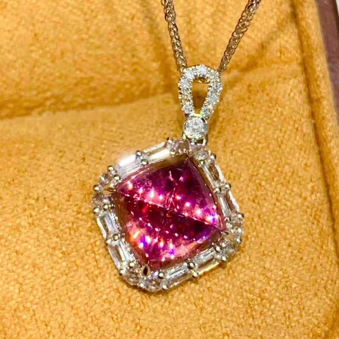 14k Gold 3 Ct Natural Tourmaline & Diamond & Sapphire Pendant( Without Chain ) - 4