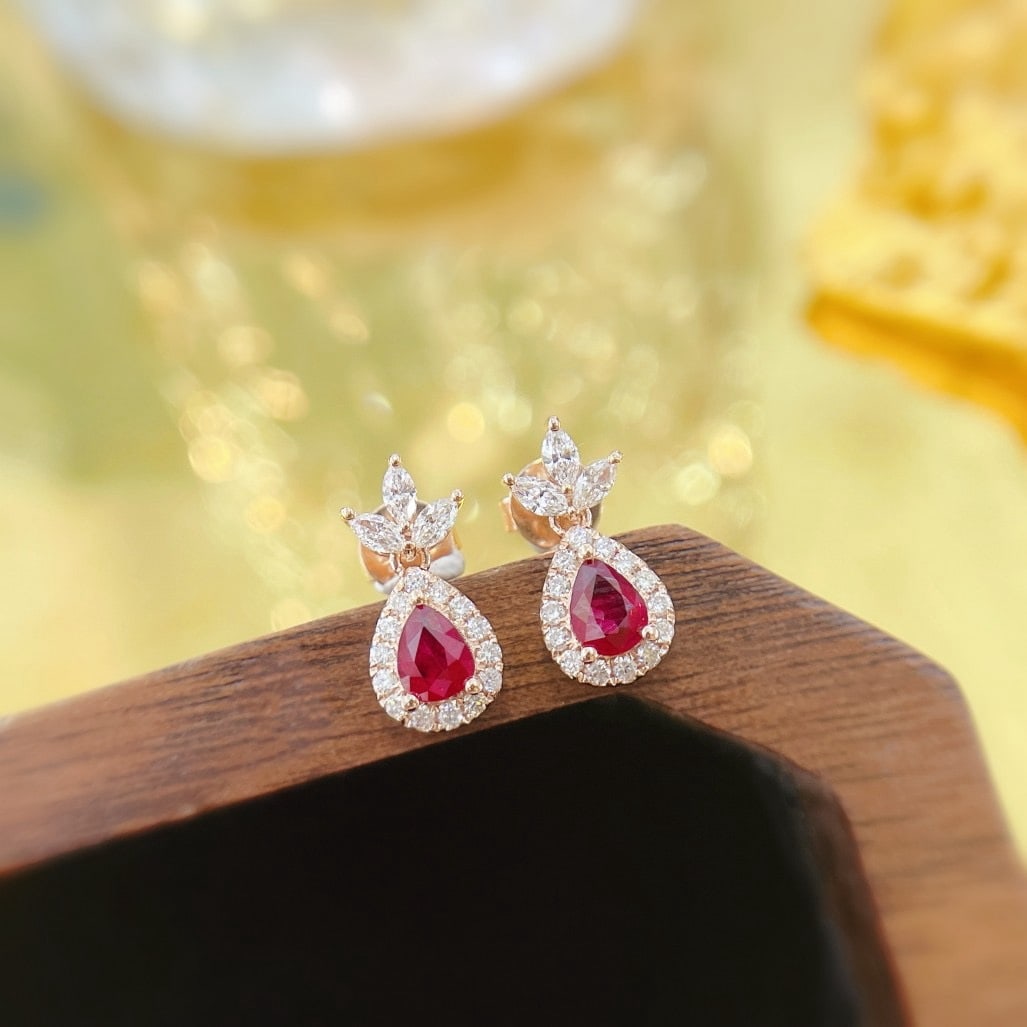 14k Gold 0.82 Ctw Natural Ruby & Diamond Earrings - 3