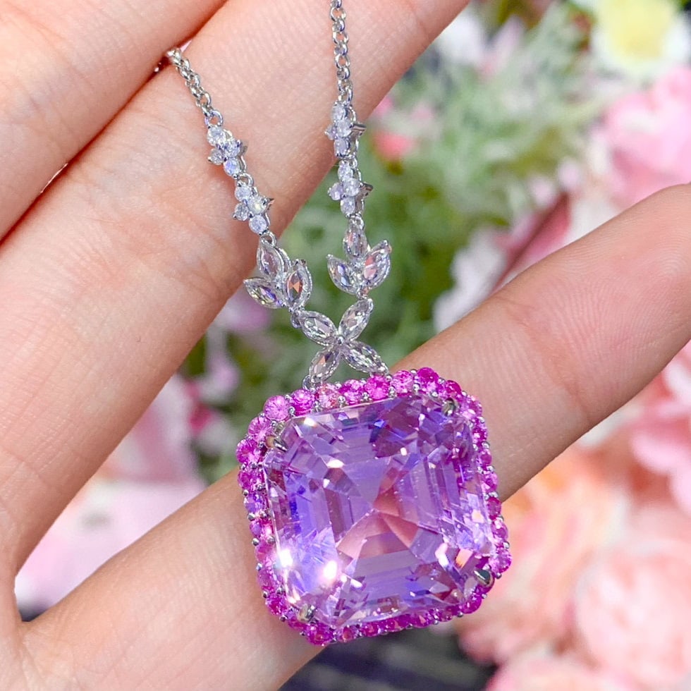 14k Gold 28.6 Ct Natural Kunzite & Sapphire & Diamond Necklace - 8
