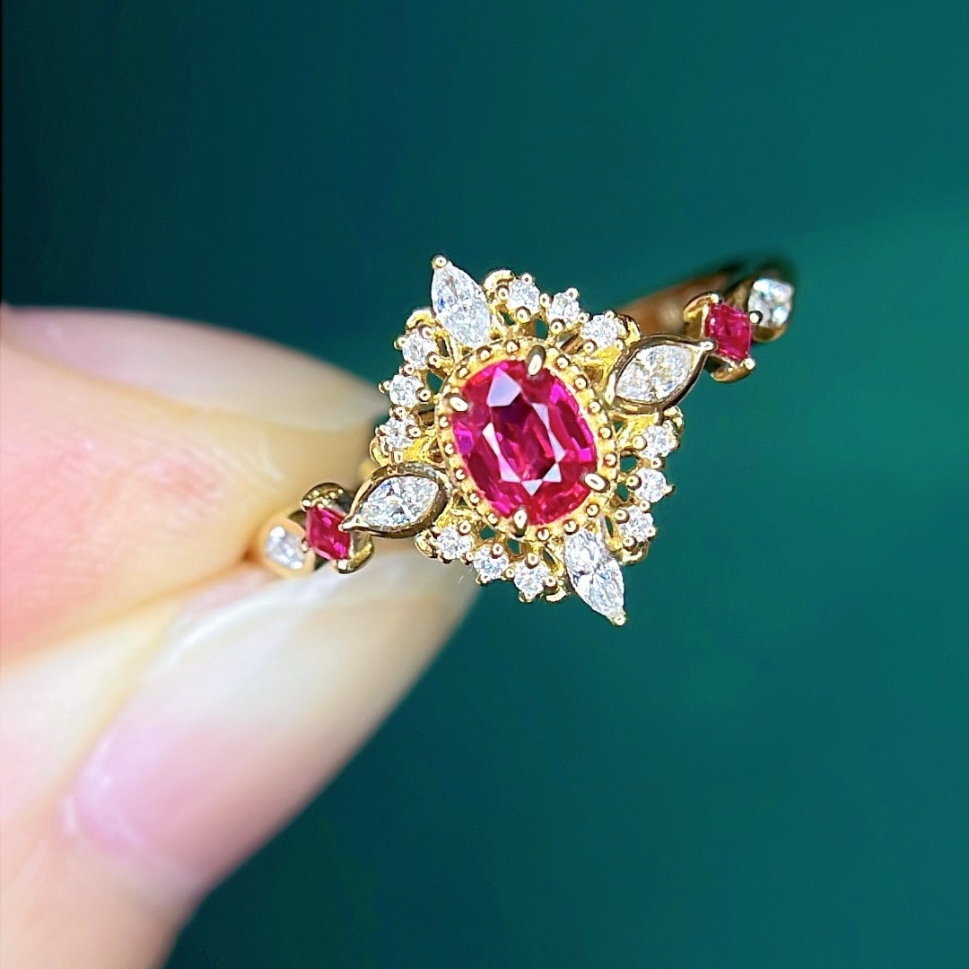 14k Gold 0.8 Ctw Natural Ruby & Diamond Ring - 7