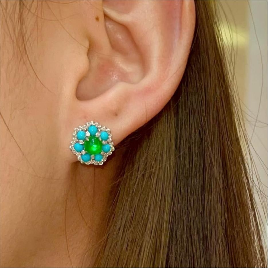 14k Gold 1.5 Ct Natural Emerald & Blue Turquoise & Diamond Earrings - 3