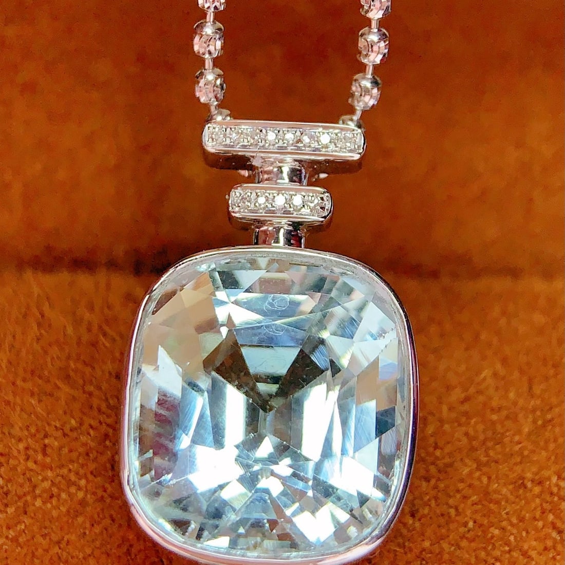 14k Gold 13 Ct Natural Aquamarine & Diamond Pendant( Without Chain ): Ref:231183252 // gold content:14k gold // main gemstone:aquamarine // shape:cushion // carat weight:13ct // color:blue // treatment:natural // // adjacent gemstone 2 : diamond // number of stones:13