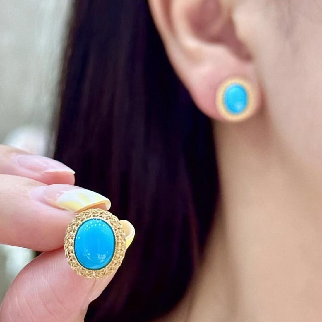 14k Gold 8.86 Ct Natural Blue Turquoise Earrings - 4