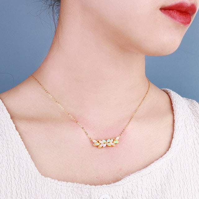 14k Gold 1.19 Ctw Natural Opal & Diamond Necklace - 5