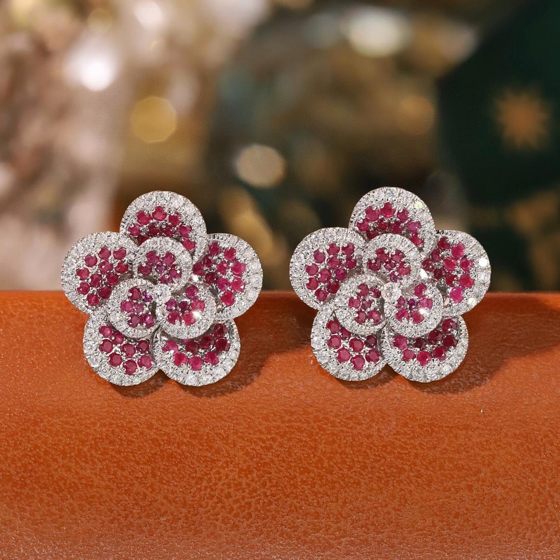 14k Gold 1.2 Ctw Natural Ruby & Diamond & Flowers Earrings: Ref:231184009 // gold content:14k gold // main gemstone:ruby // shape:round // carat weight:0. 8ct // color:red // treatment:natural // cut grade:g // // adjacent gemstone 2 : diamond // shape:round