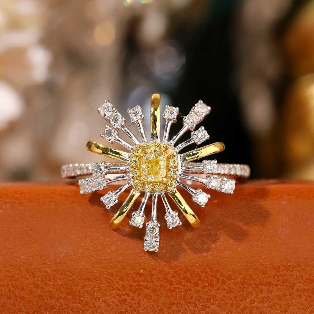 14k Gold 0.55 Ctw Natural Yellow Diamond & Diamond Ring: Ref:231184011 // gold content:14k gold // ring size:7. 25us // // main gemstone:yellow diamond // shape:cushion // carat weight:0. 15ct // color:yellow // treatment:natural // // adjacent gemstone 2