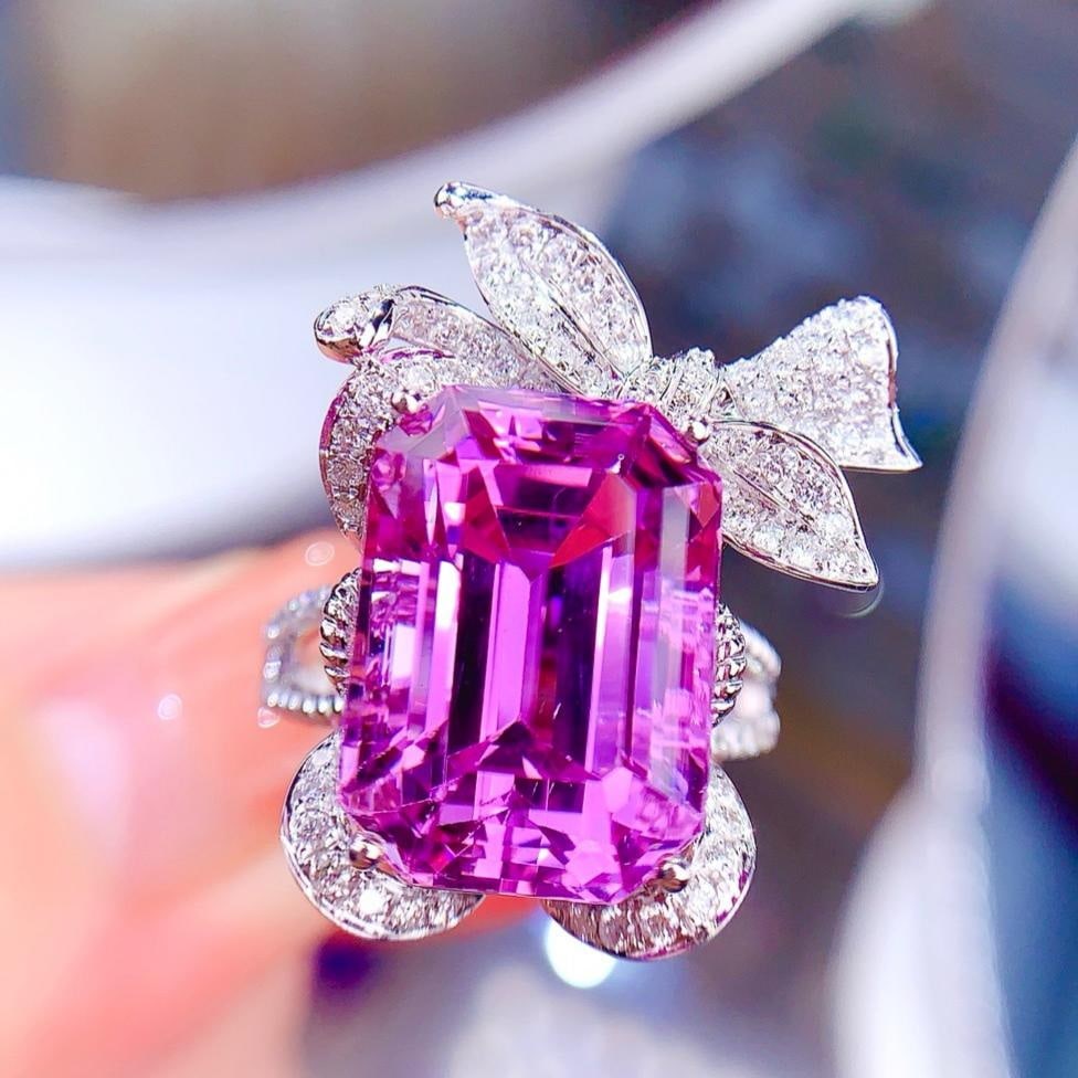 14k Gold 15.07 Ctw Natural Kunzite & Diamond Ring - 2