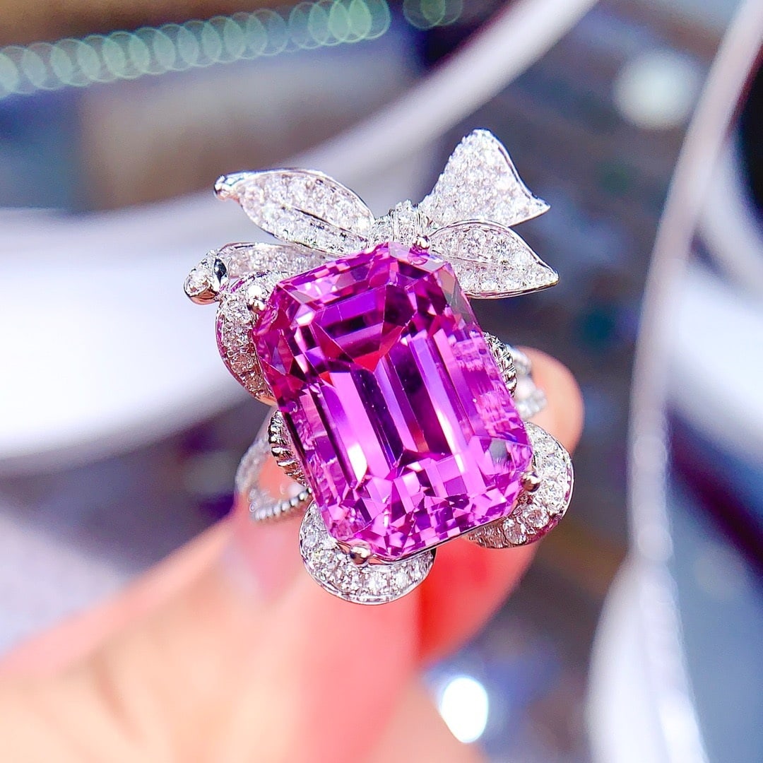 14k Gold 15.07 Ctw Natural Kunzite & Diamond Ring - 4