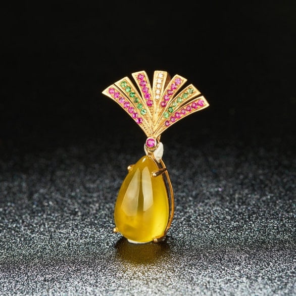 14k Gold 10.05 Ct Natural Prehnite & Diamond & Ruby & Tsavorite Pendant( Without Chain ) - 3
