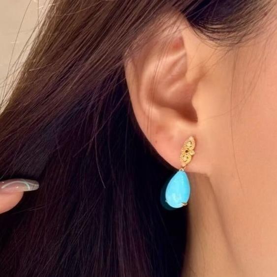 14k Gold 5.68 Ct Natural Blue Turquoise & Ruby & Diamond Earrings - 2
