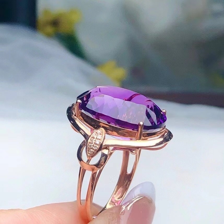 14k Gold 12.85 Ct Natural Amethyst & Diamond Ring - 3
