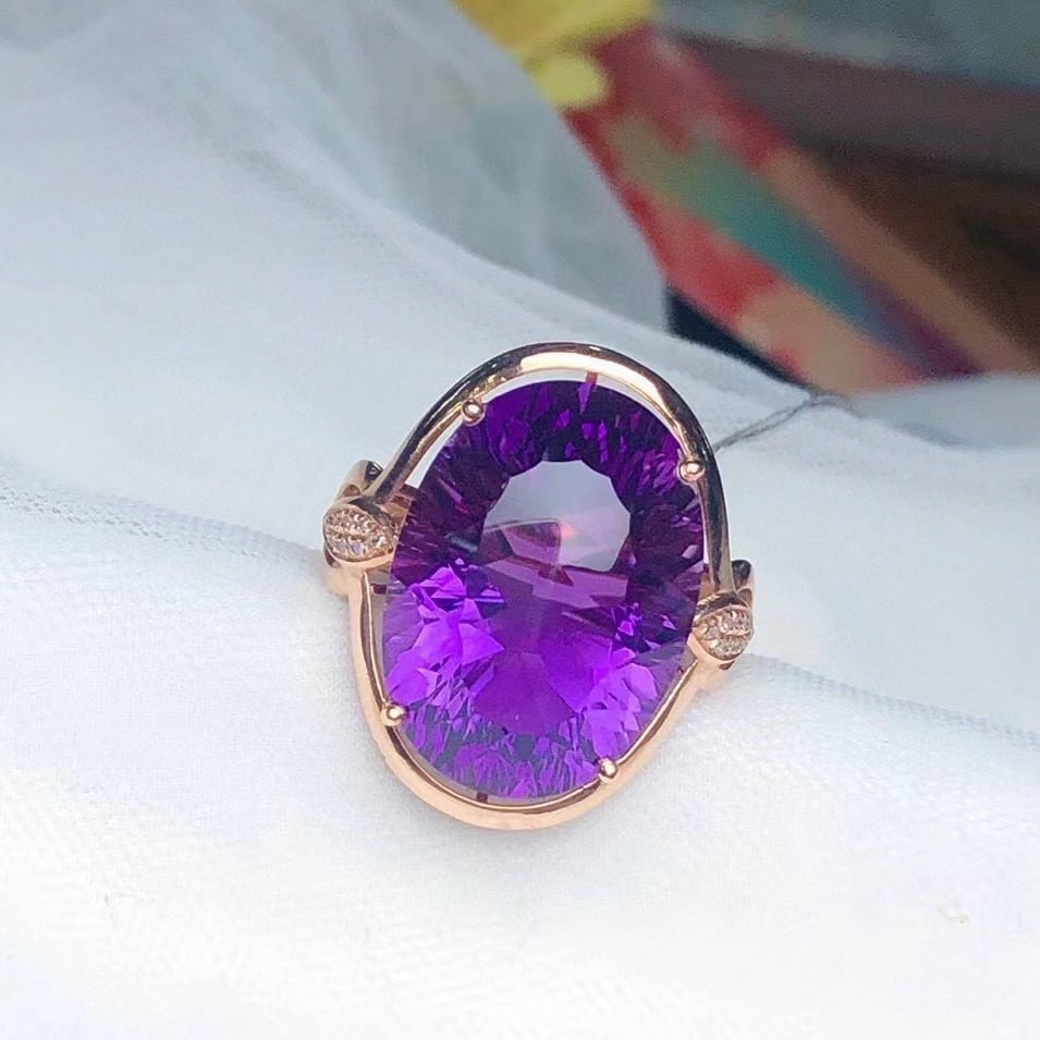 14k Gold 12.85 Ct Natural Amethyst & Diamond Ring - 4