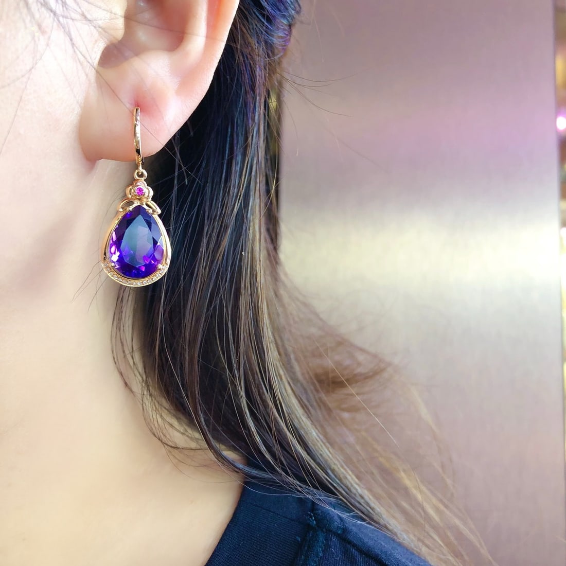 14k Gold 9.90 Ct Natural Amethyst & Diamond Earrings - 4