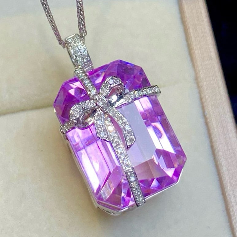 14k Gold 25.75 Ct Natural Kunzite & Diamond Pendant( Without Chain ) - 3
