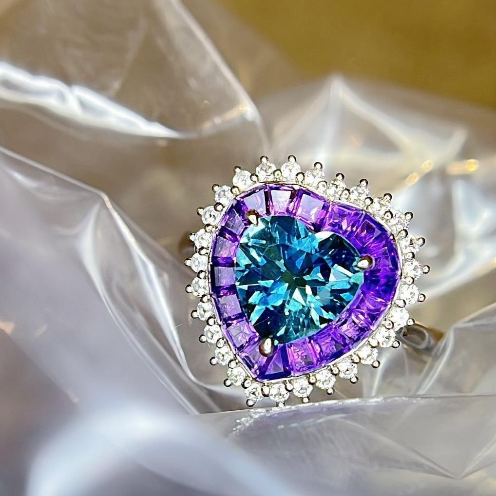 14k Gold 2.62 Ctw Natural Aquamarine & Sapphire Ring: Ref:231184063 // gold content:14k gold // ring size:7. 25us // // main gemstone:aquamarine // shape:heart // carat weight:1. 26ct // color:blue // treatment:natural // // adjacent gemstone 2 :