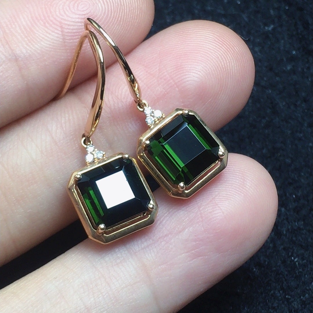 14k Gold 4.85 Ct Natural Tourmaline & Diamond Earrings - 2