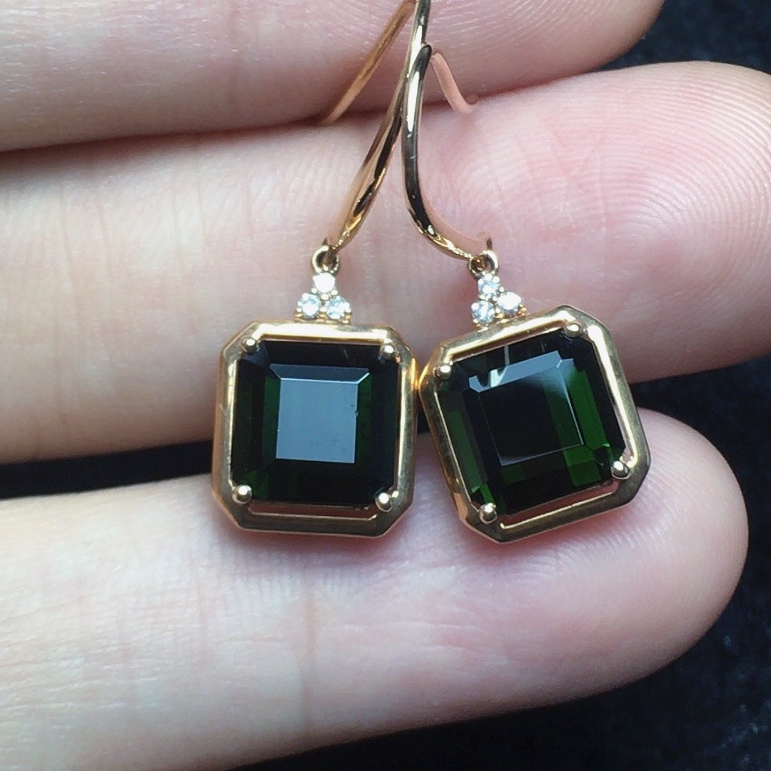 14k Gold 4.85 Ct Natural Tourmaline & Diamond Earrings - 4
