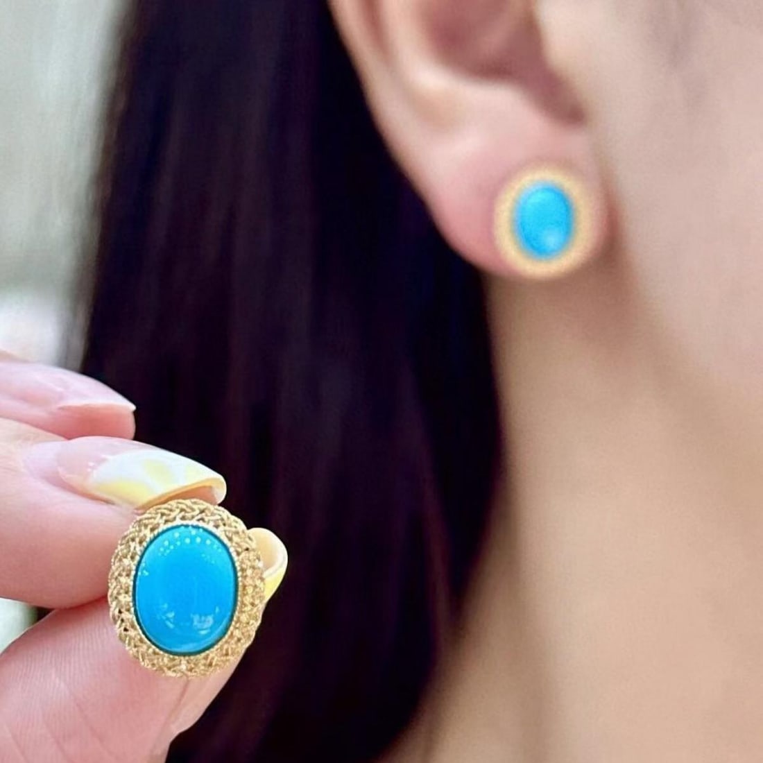 14k Gold 8.86 Ct Natural Blue Turquoise Earrings - 4