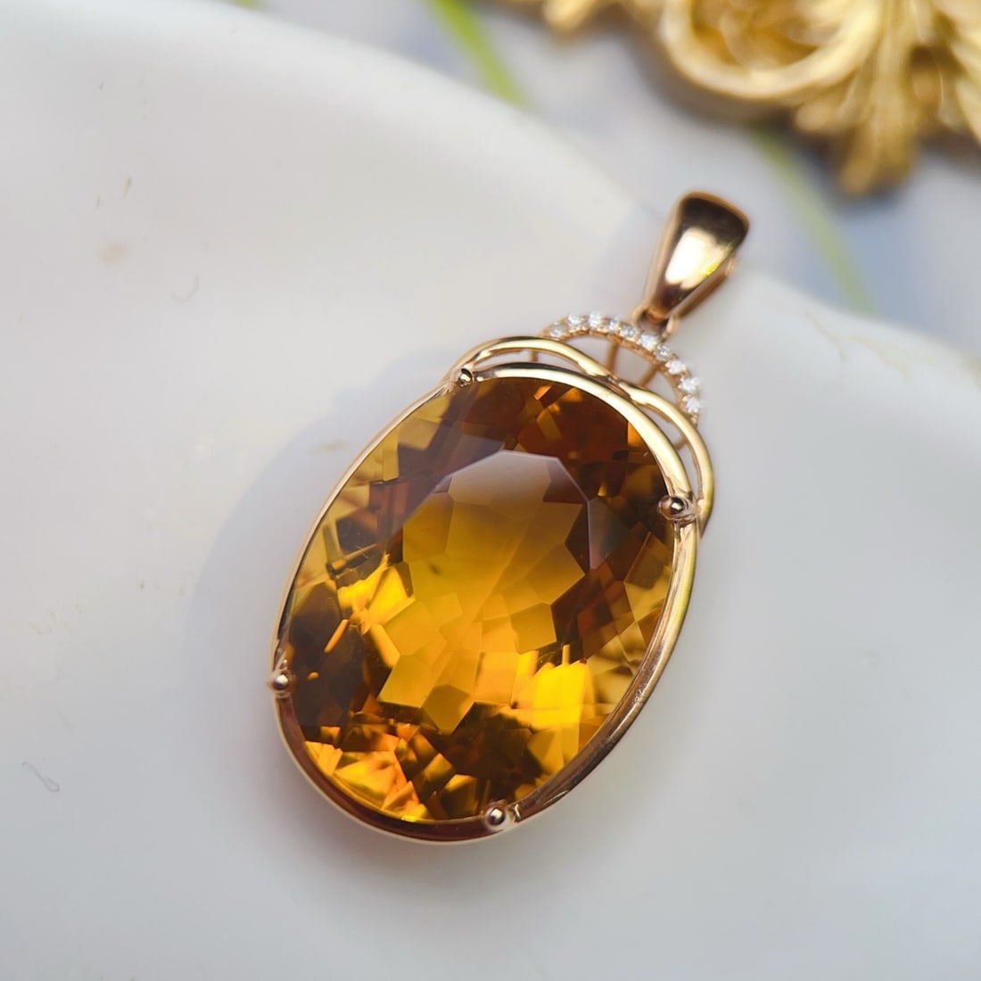 14k Gold 17.08 Ctw Natural Citrine & Diamond Pendant( Without Chain ) - 2
