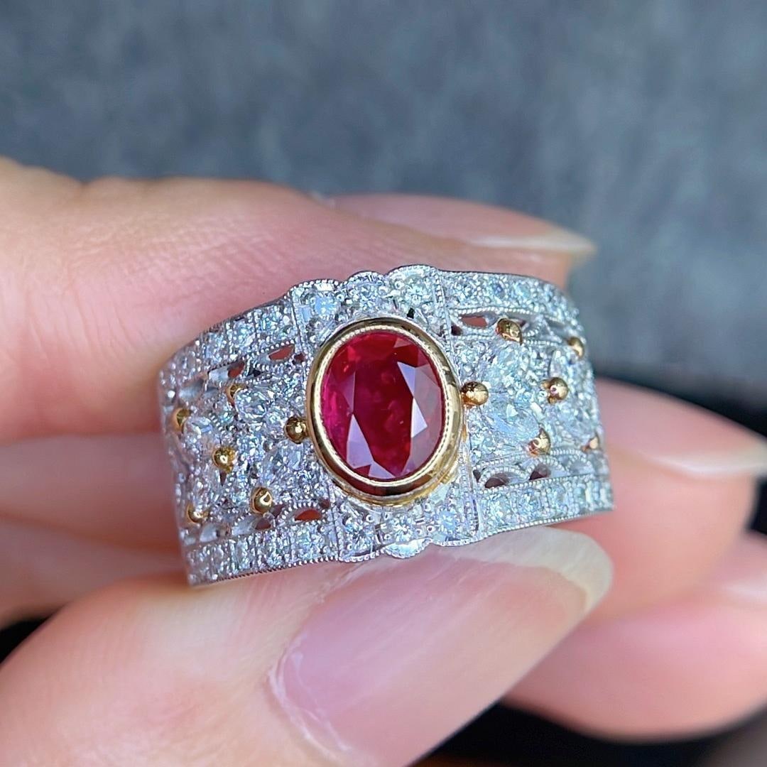 14k Gold 1.61 Ctw Natural Ruby & Diamond Ring: Ref:231184082 // gold content:14k gold // ring size:7. 25us // // main gemstone:ruby // shape:oval // carat weight:1. 00ct // color:pigeonblood red // treatment:natural // // adjacent gemstone 2 : dia