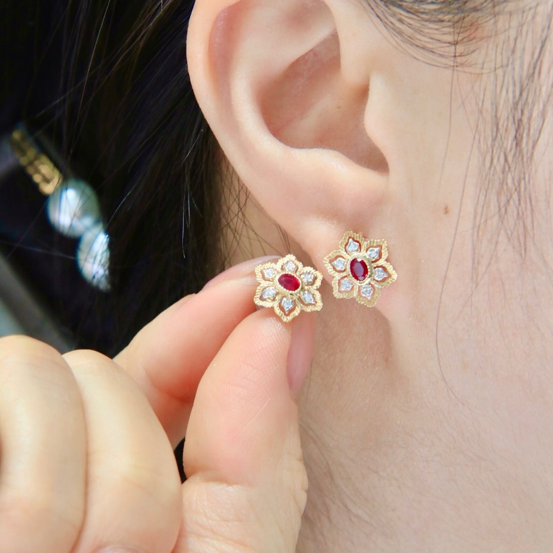 14k Gold 0.36 Ctw Natural Ruby & Diamond Earrings - 5