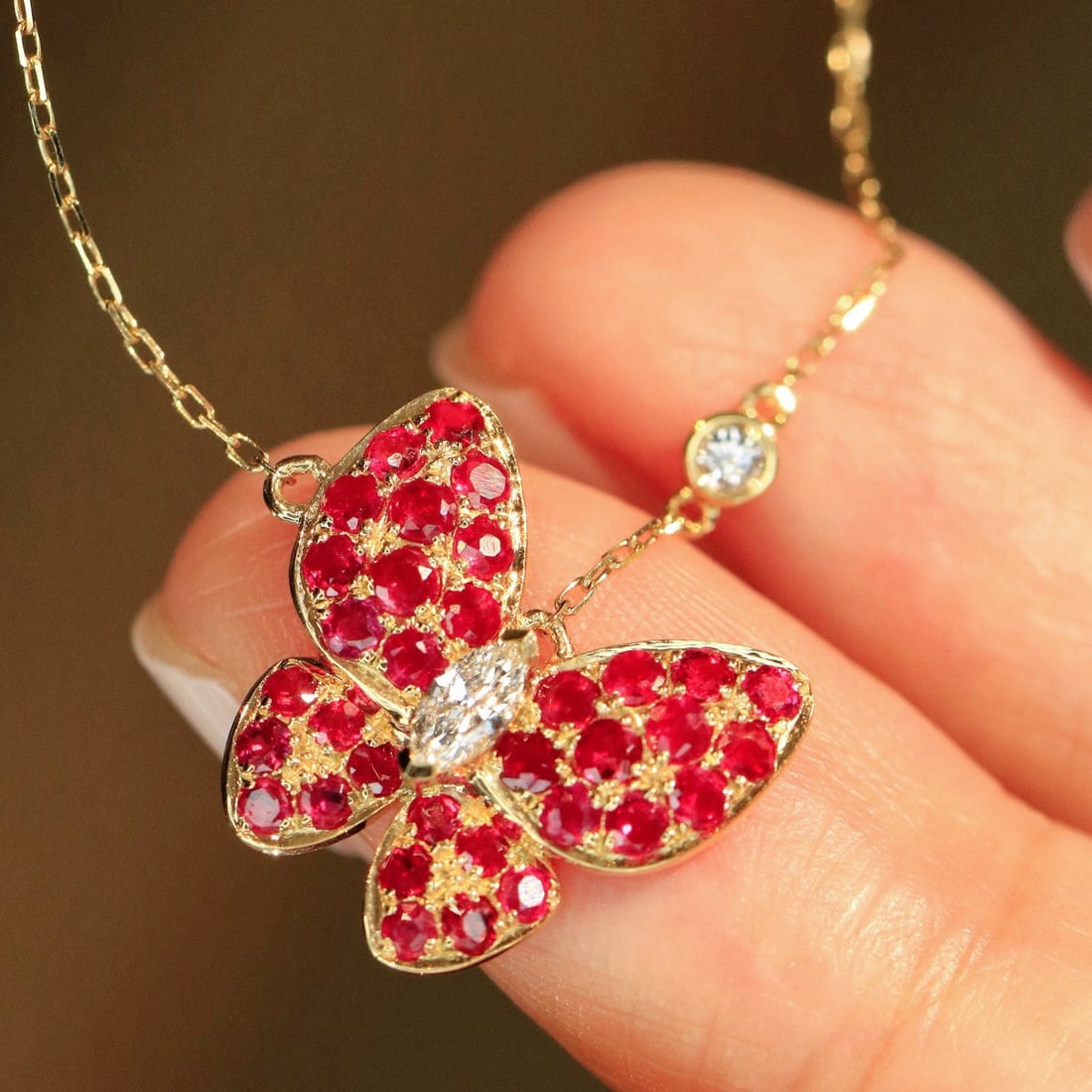 14k Gold 1.31 Ctw Natural Ruby & Diamond & Butterfly Necklace - 2