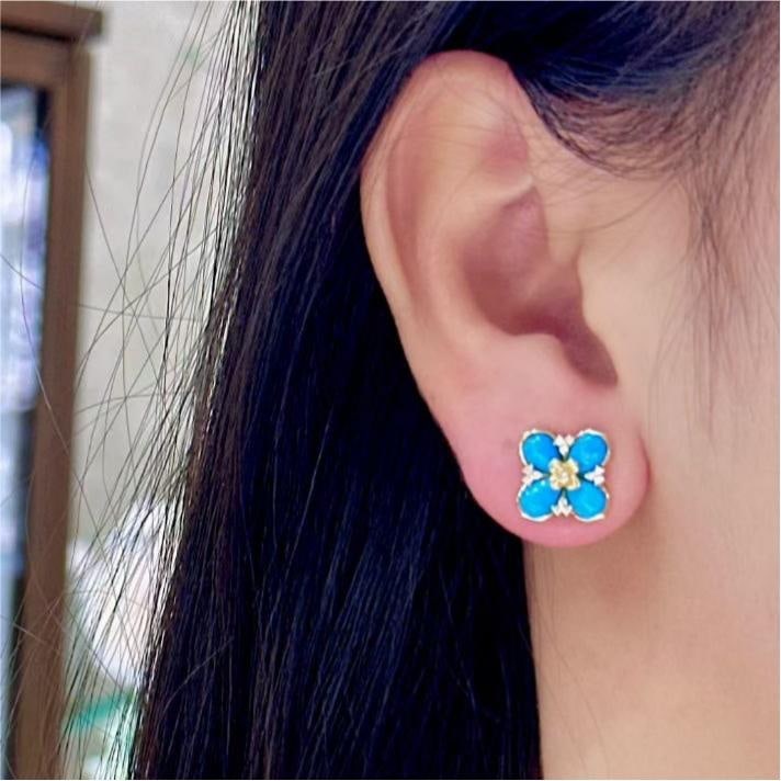 14k Gold 3.41 Ctw Natural Blue Turquoise & Diamond Earrings - 2