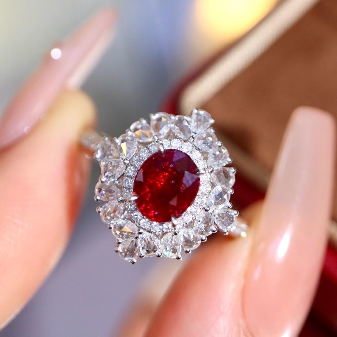 14k Gold 1.74 Ctw Vivid Red Natural Ruby & Diamond Ring: Ref:231184124 // gold content:14k gold // ring size:7. 25us // // main gemstone:ruby // shape:oval // carat weight:1. 12ct // color:vivid red // treatment:natural // // adjacent gemstone 2 : diamond /