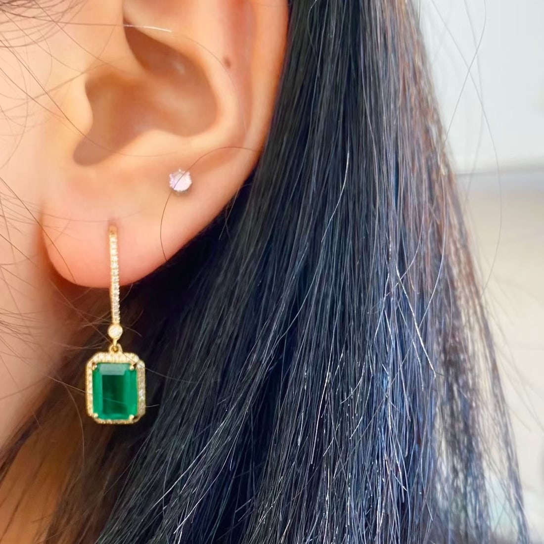 14k Gold 3.4 Ct Natural Emerald & Diamond Earrings - 6