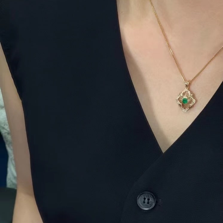 14k Gold 0.41 Ctw Natural Emerald & Diamond Pendant( Without Chain ) - 2